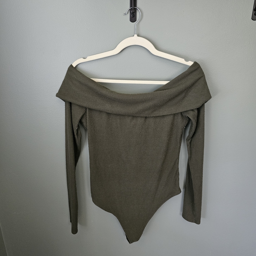 Urban Outfitters Olive Ribbed Off The Shoulder Bodysuit